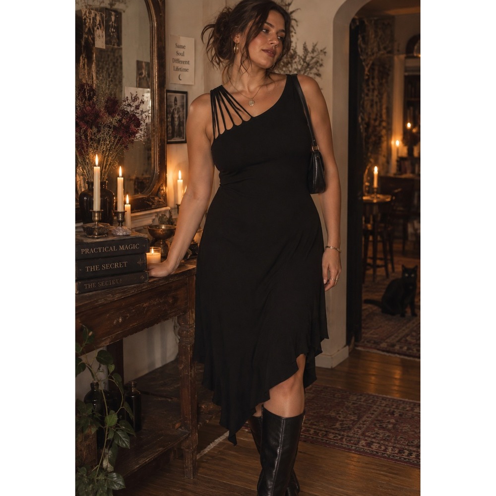 Whimsigoth Black Asymmetrical One Shoulder Ruffle Hem 90s Dress Size 10